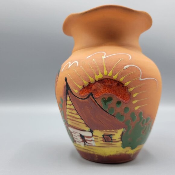Vintage Hand Painted Terracotta Vase Scenic Design Flared Rim Signed Punta Cana - Picture 9 of 13